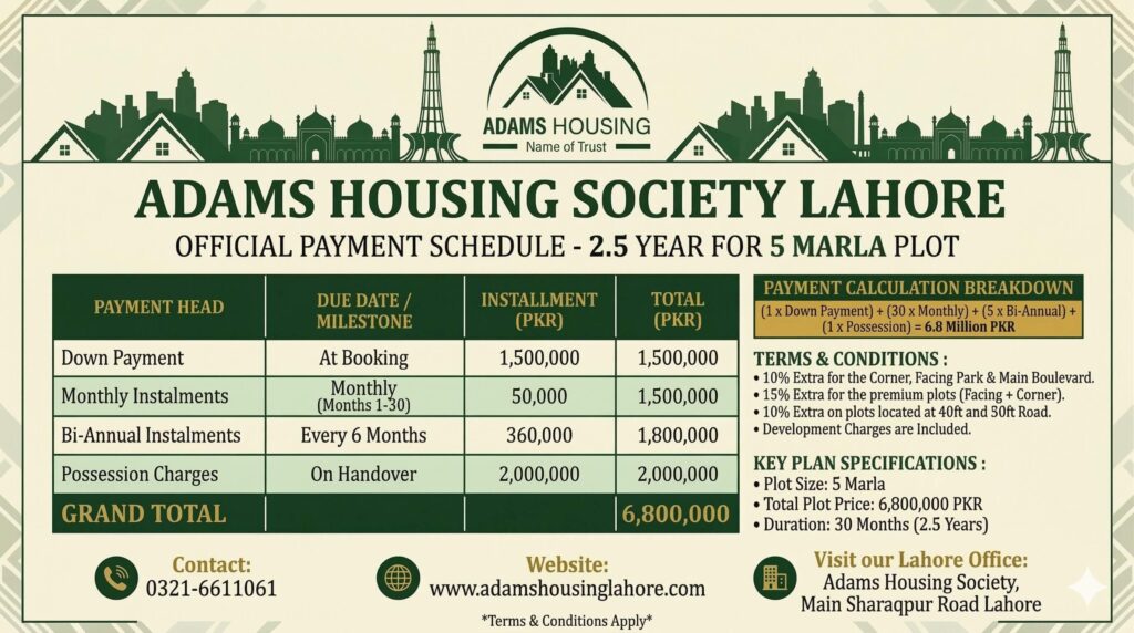 Adams Housing Society Lahore Payment Plan 2026